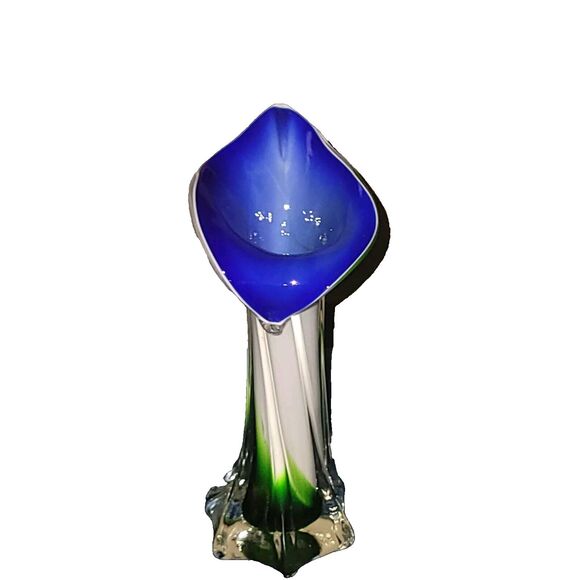 Murano Jack in the Pulpit Encased Glass Vase Handblown Blue White Green Swirl - Picture 1 of 16